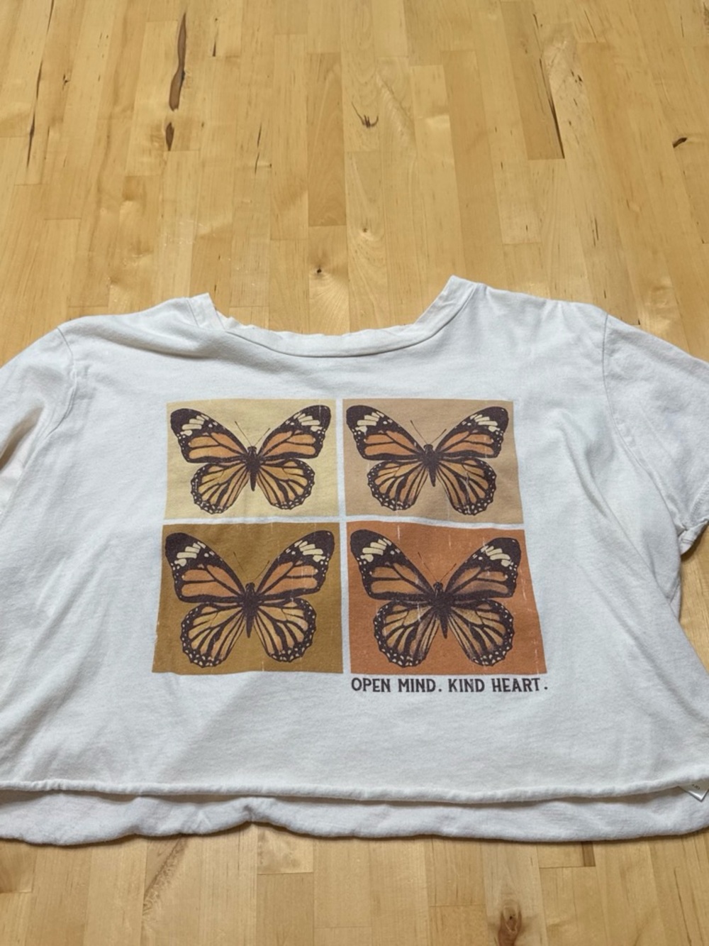 Altar'd State White Crop Tee with Orange & Brown Butterfly Panels